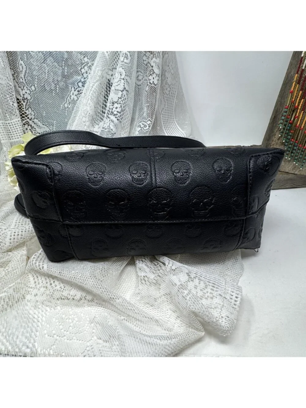 Betsey Johnson Skull Boss Satchel Black Gold Trim Top Handle